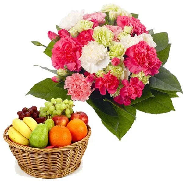 Mixed Roses & Carnations Bouquet with 3 Kg Fresh Fruit Basket - Flower Delivery in GiftsGhaziabad