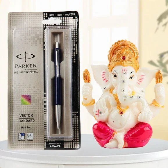Lord Ganesha Idol with Parker Vector Ball Pen Gift Combo