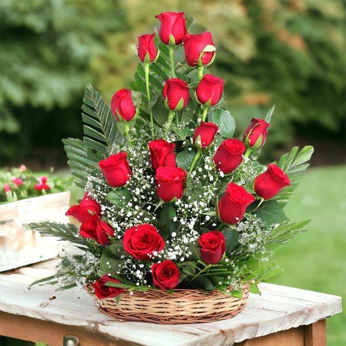 20 Red Roses Basket Arrangement with Green Fillers - Anniversary Gift in GiftsGhaziabad
