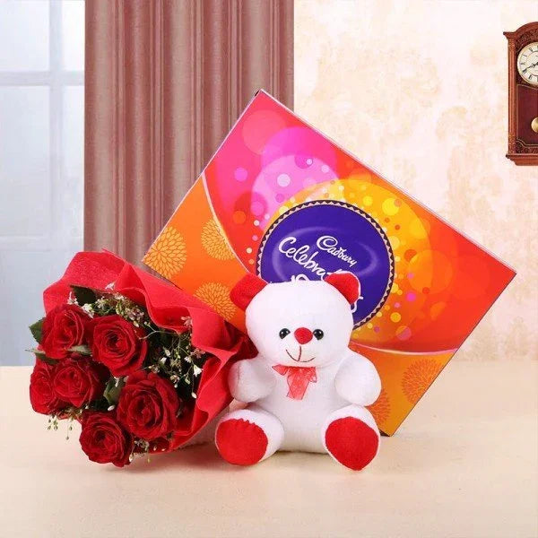6 Red Roses with 6 Inch Teddy Bear & Cadbury Celebrations