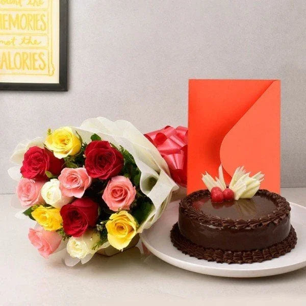 12 Mix Roses with Half Kg Chocolate Cake