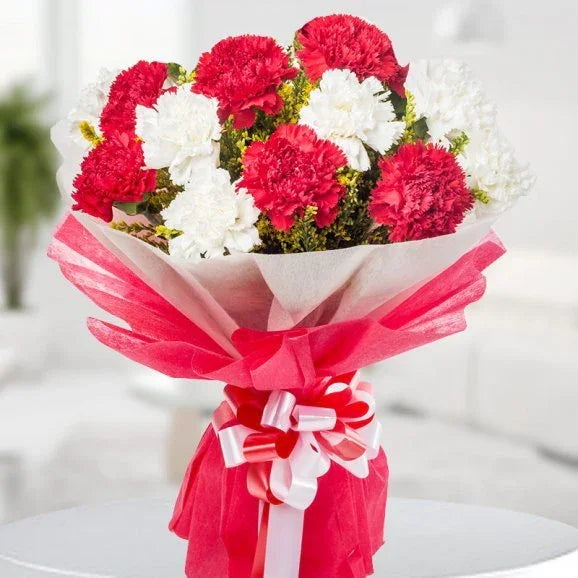 Red & White Carnation Bouquet with Ribbon Wrap - Flower Delivery in Kalyani
