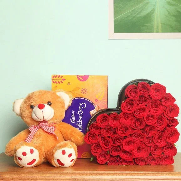 Heart Shaped 35 Red Roses with Teddy & Cadbury Celebrations Gift Combo