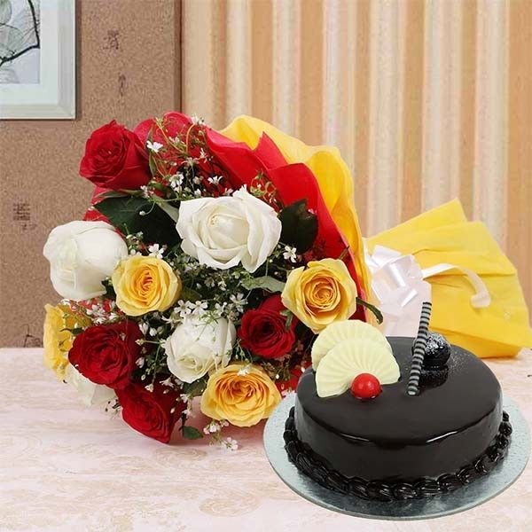 8 Mix Roses and Half Kg Cake