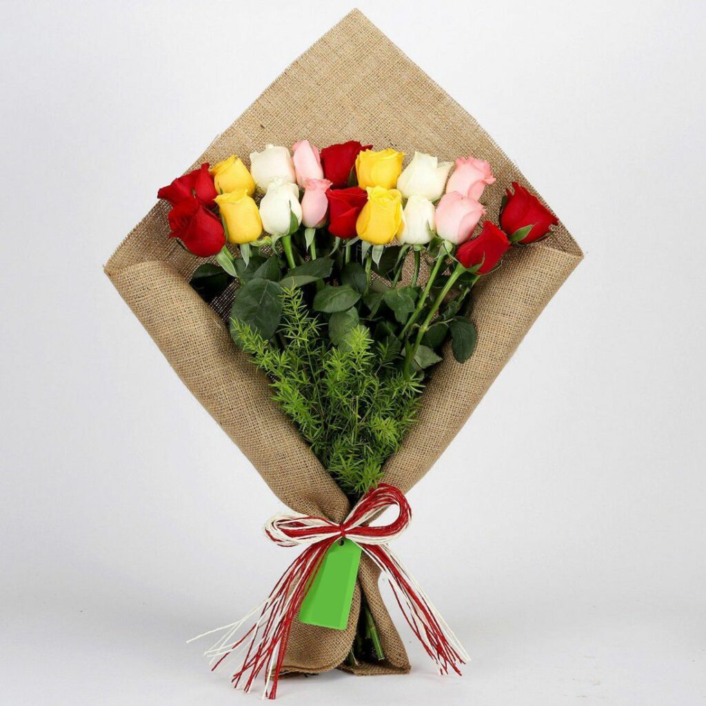 Mix Roses Bouquet In Jute Wrapping