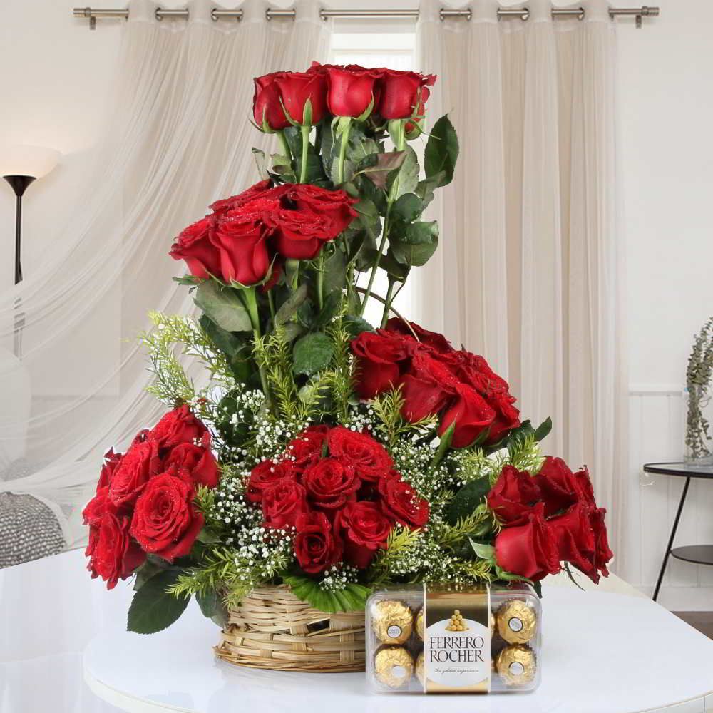 FERRERO ROCHER CHOCOLATE WITH DESIGNER RED ROSES IN BASKET