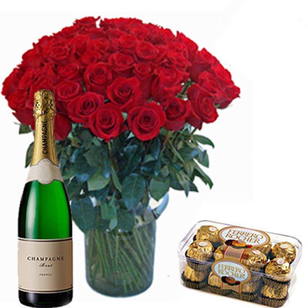 Fifty Red Roses Vase with Ferrero Rocher Chocolates and Champagne Bottle