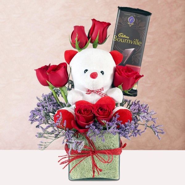 Vase of Teddy With Red Roses And Bournville Chocolate