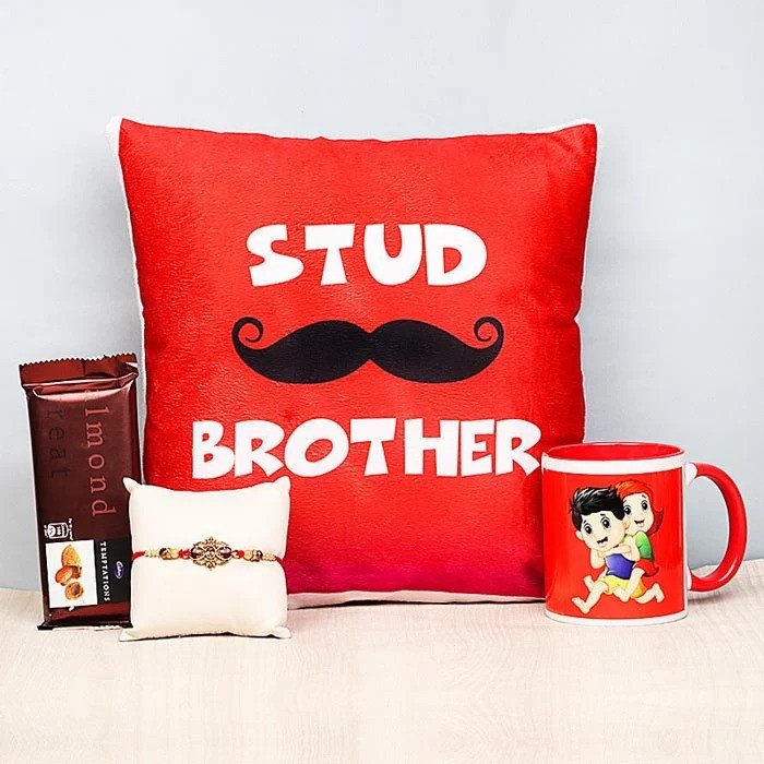 Stud Bro Cushion With Mug Chocolate Rakhi Combo