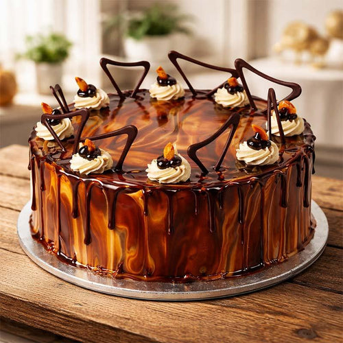 Chocolate cake with caramel drizzle on a wooden table