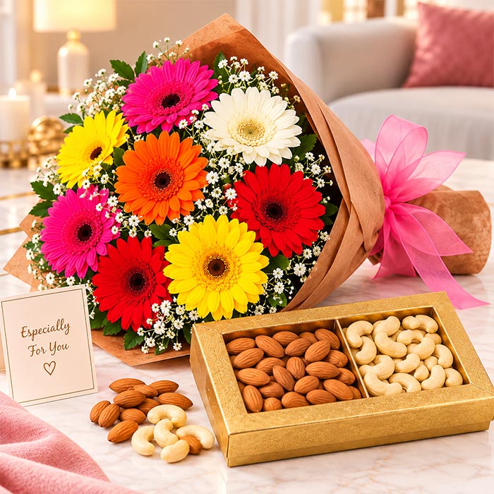 10 Mix Color Gerberas Bouquet with 500g Mixed Dry Fruits