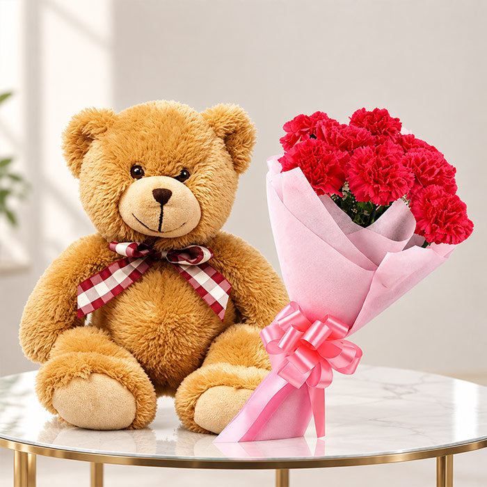 10 Pink Carnation Bouquet with 12-Inch Teddy | OyeGifts