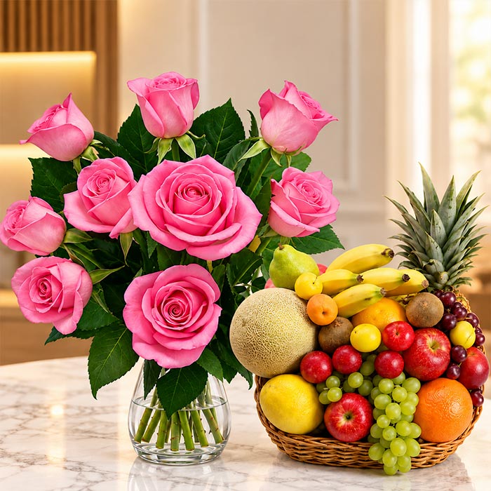 10 Pink Roses with 5 Kg Fresh Fruit Basket