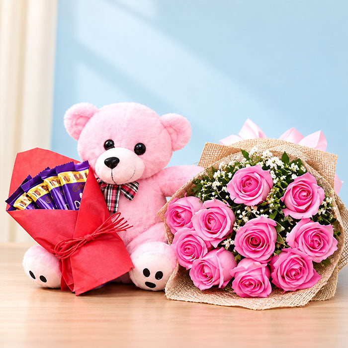 10 Pink Roses, Teddy & Dairy Milk Chocolates