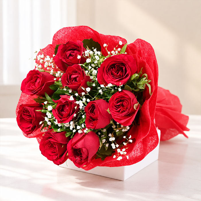 10 Red Roses Bouquet with Red Wrapping and Ribbon
