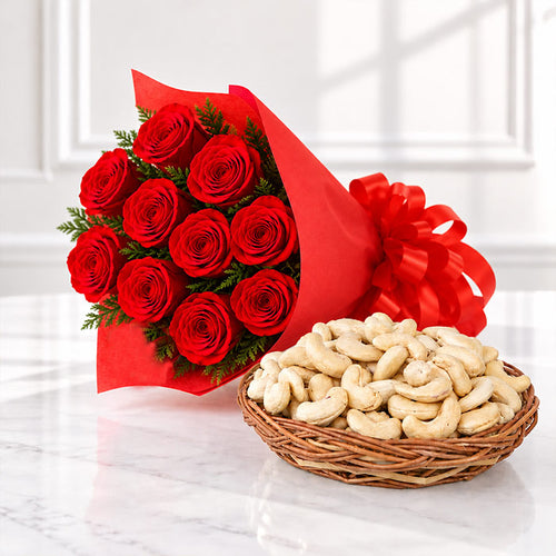 10 Red Roses & 250gm  Cashew Gift Basket Online Gift Delivery