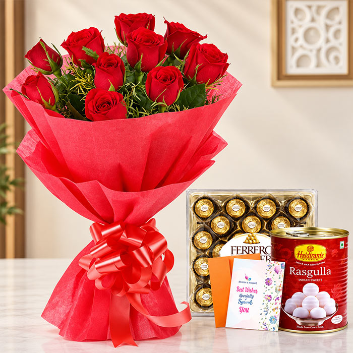10 Red Roses with 1 Kg Rasgulla & 24 Ferrero Rocher
