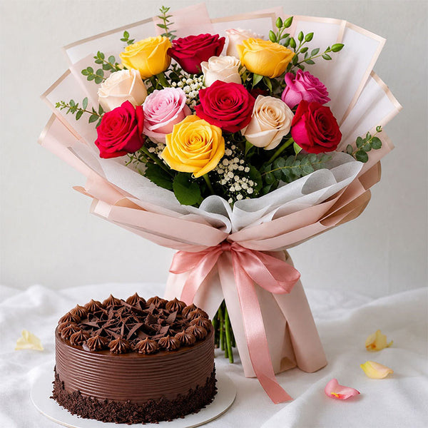 10 Mix Roses and Half Kg Cake