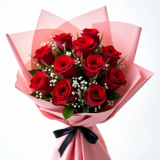 Red Roses Bouquet 10 Stems with White Seasonal Fillers - Flower Delivery in Kalyani