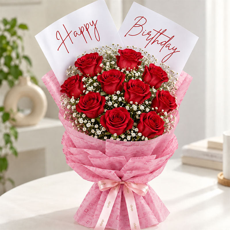 10 Red Roses Happy Birthday Bouquet