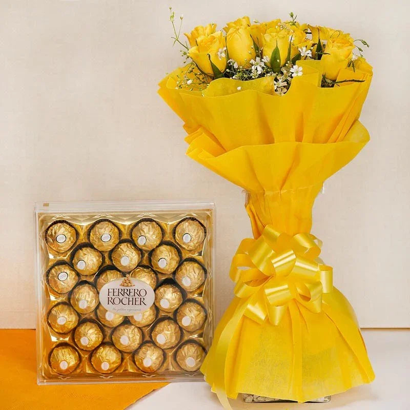 10 Yellow Roses With Ferrero