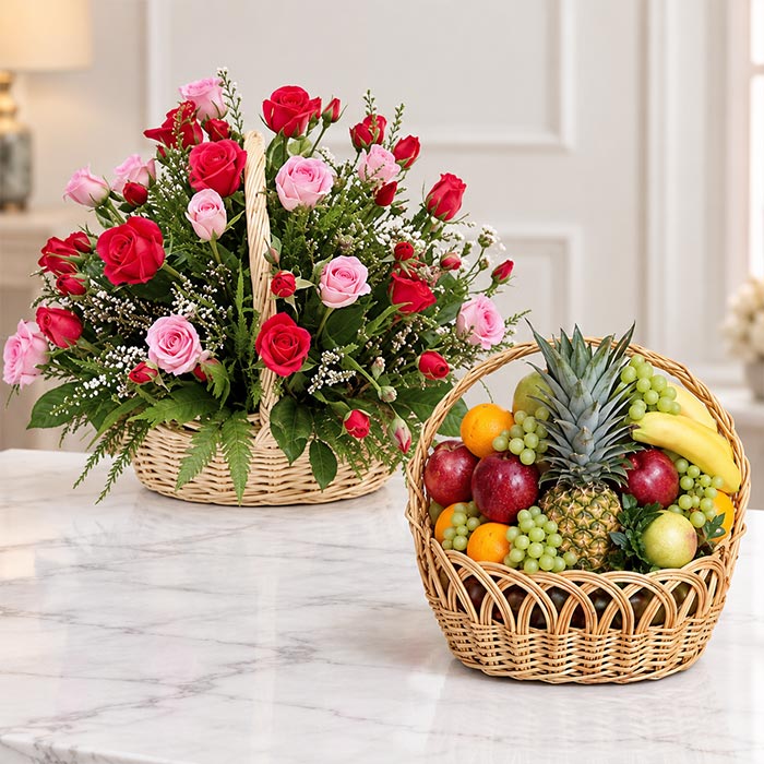 100 Mixed Roses Basket with 3 Kg Fresh Fruits Basket