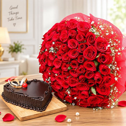 100 Red Roses Bouquet with 1 Kg Heart Chocolate Cake