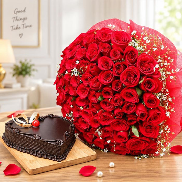 100 Red Roses Bouquet with 1 Kg Heart Chocolate Cake