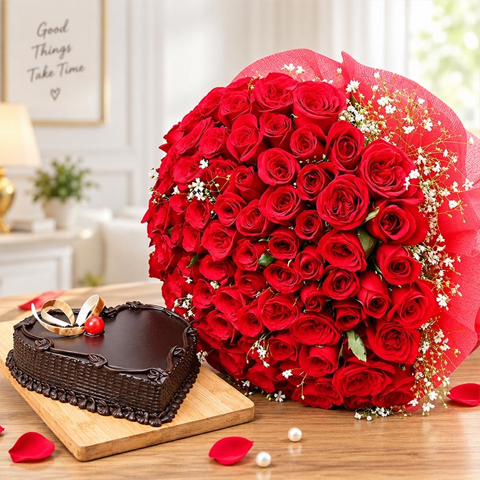 100 Red Roses Bouquet with 1 Kg Heart Chocolate Cake