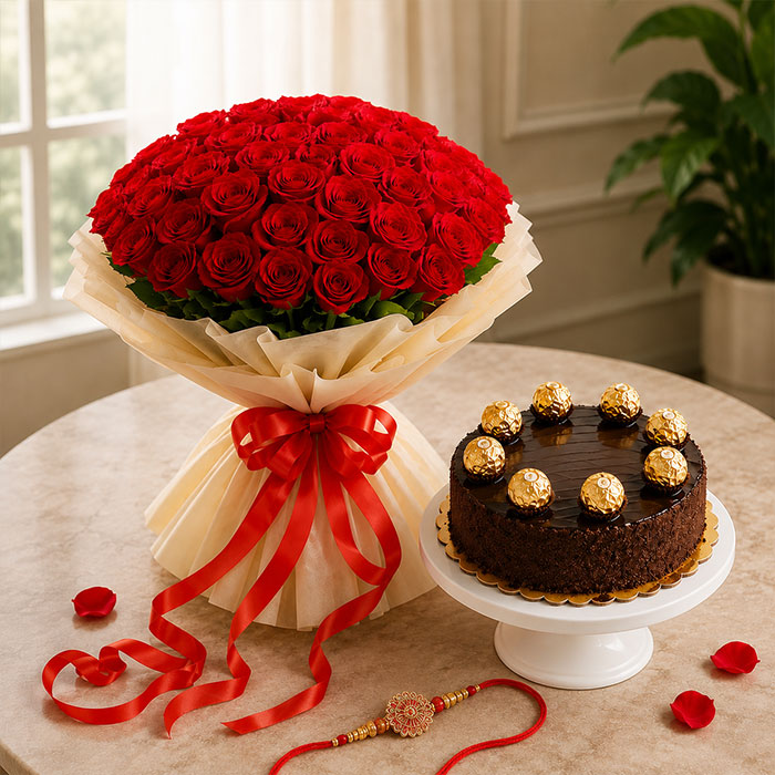 100 Red Roses Bouquet with Half Kg Ferrero Chocolate Cake