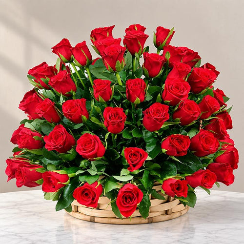 100 Red Roses with Green Leaves in Basket