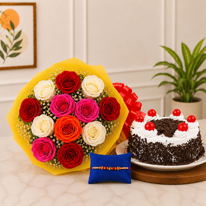 12 Assorted Roses Bouquet with Half Kg Black Forest Cake & Rakhi
