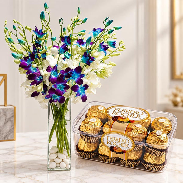 12 Blue Purple White Orchids with Ferrero Rocher