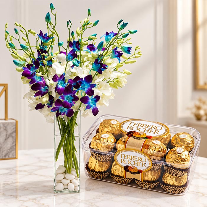 12 Blue Purple White Orchids with Ferrero Rocher