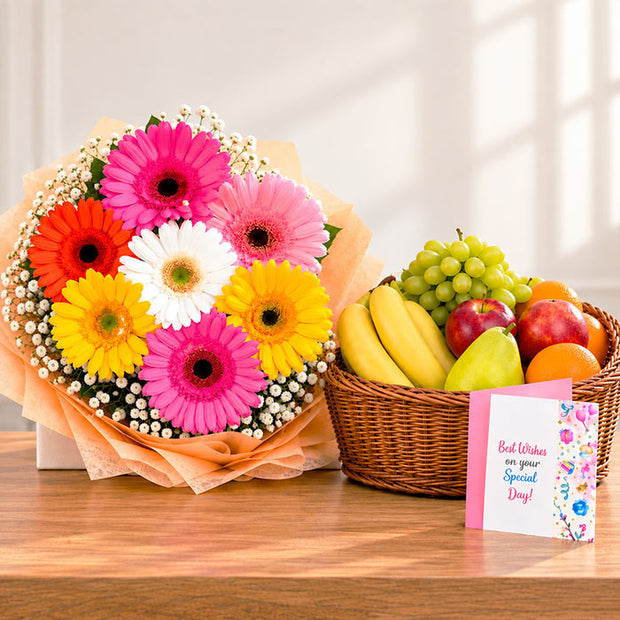 12 Mix Gerberas with 2 Kg Fruit Basket & Card