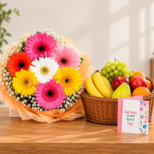 12 Mix Gerberas with 2 Kg Fruit Basket & Card