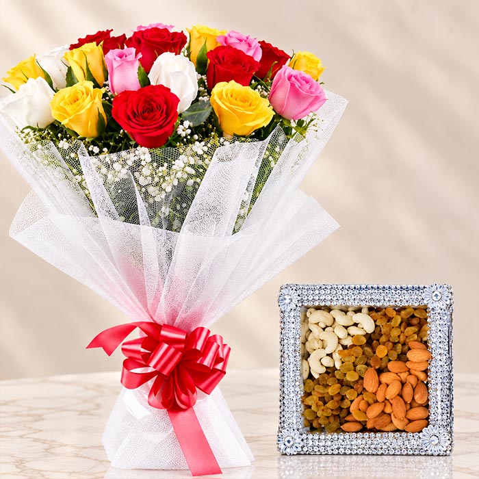 12 Mixed Roses Bouquet with 500g Dry Fruits Tray