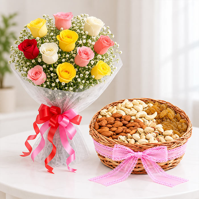 12 Mixed Roses Bouquet with Half Kg Dry Fruits