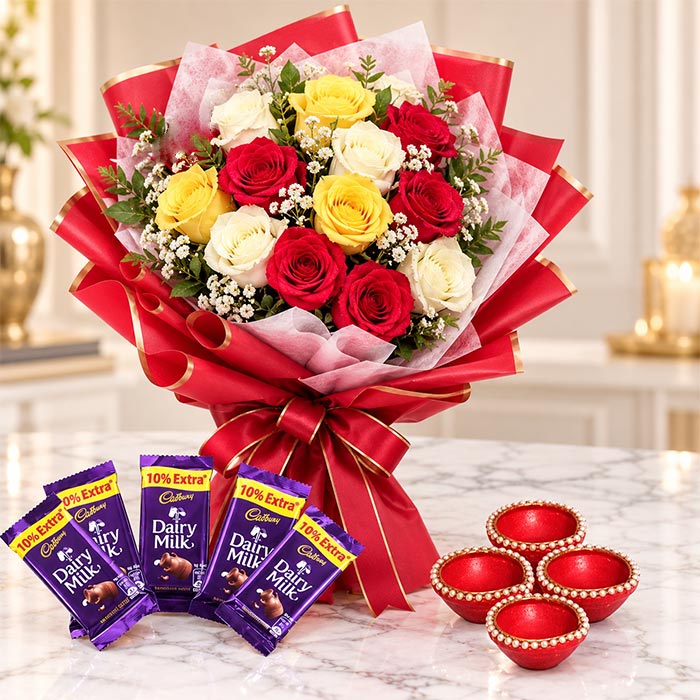 12 Mixed Roses with 4 Diyas & Dairy Milk | OyeGifts