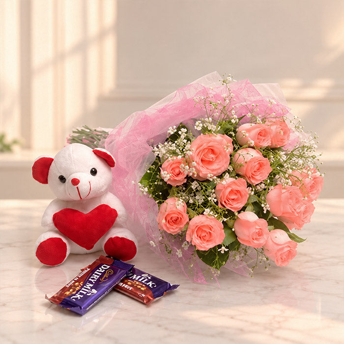 12 Orange Roses with 6 Inch Teddy & 2 Fruit & Nut Chocolates