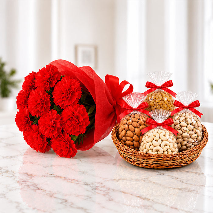 12 Red Carnations Bouquet with 250g Assorted Dry Fruits