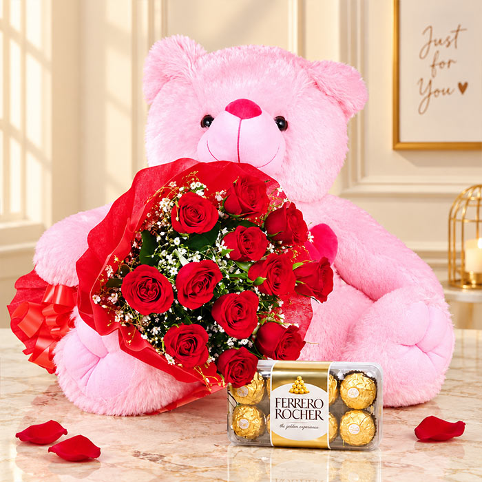 12 Red Roses Bouquet with 24 Inch Pink Teddy & 16 Ferrero Rocher