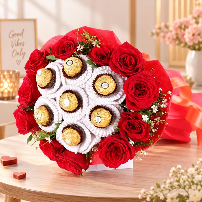 12 Red Roses Bouquet with 7 Ferrero Rocher Chocolates