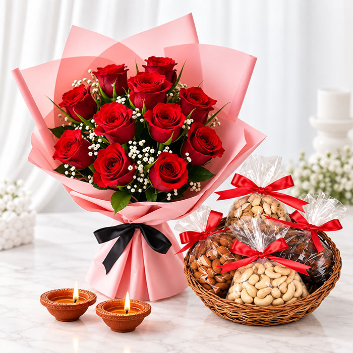 12 Red Roses Bouquet with Assorted Dry Fruits Box & Diwali Diya