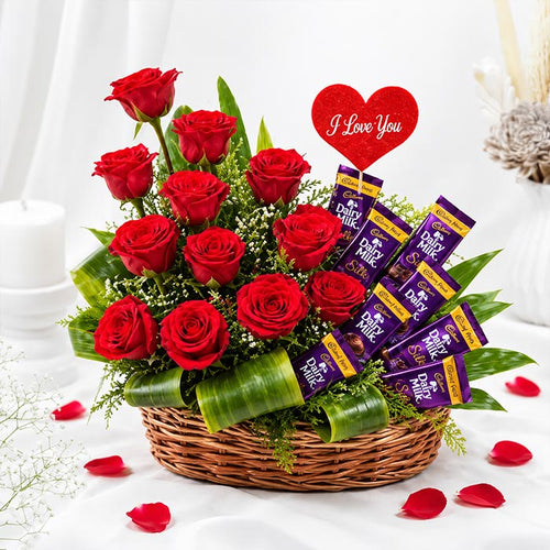 12 Red Roses Dairy Milk Chocolate Basket | OyeGifts