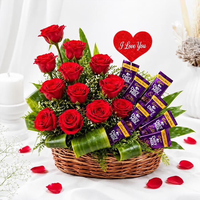 12 Red Roses Dairy Milk Chocolate Basket | OyeGifts