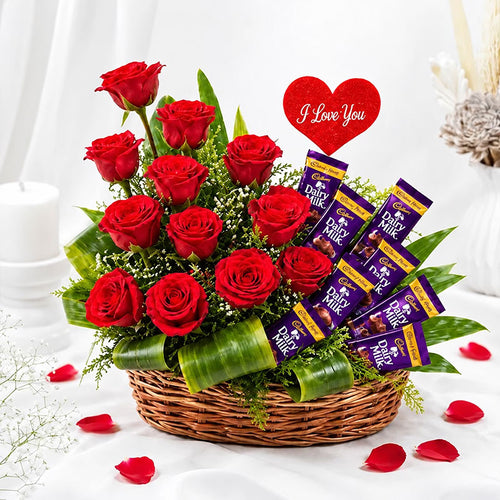 12 Red Roses Dairy Milk Chocolate Basket | OyeGifts