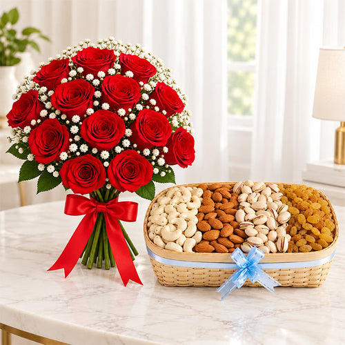 12 Red Roses with 1 Kg Dry Fruits Online Gift Delivery