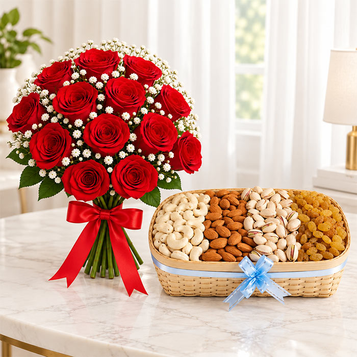 12 Red Roses with 1 Kg Dry Fruits