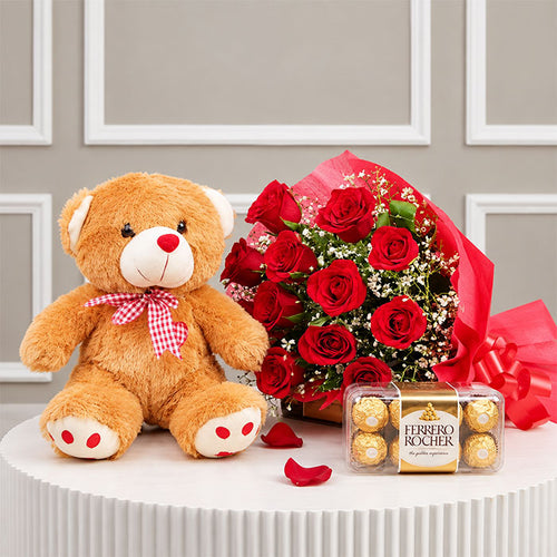 12 Red Roses with 12 Inch Teddy & 16 Ferrero Rocher Gift Combo